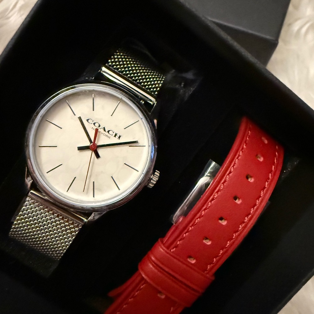 Coach Silver Watch with Red Leather Strap